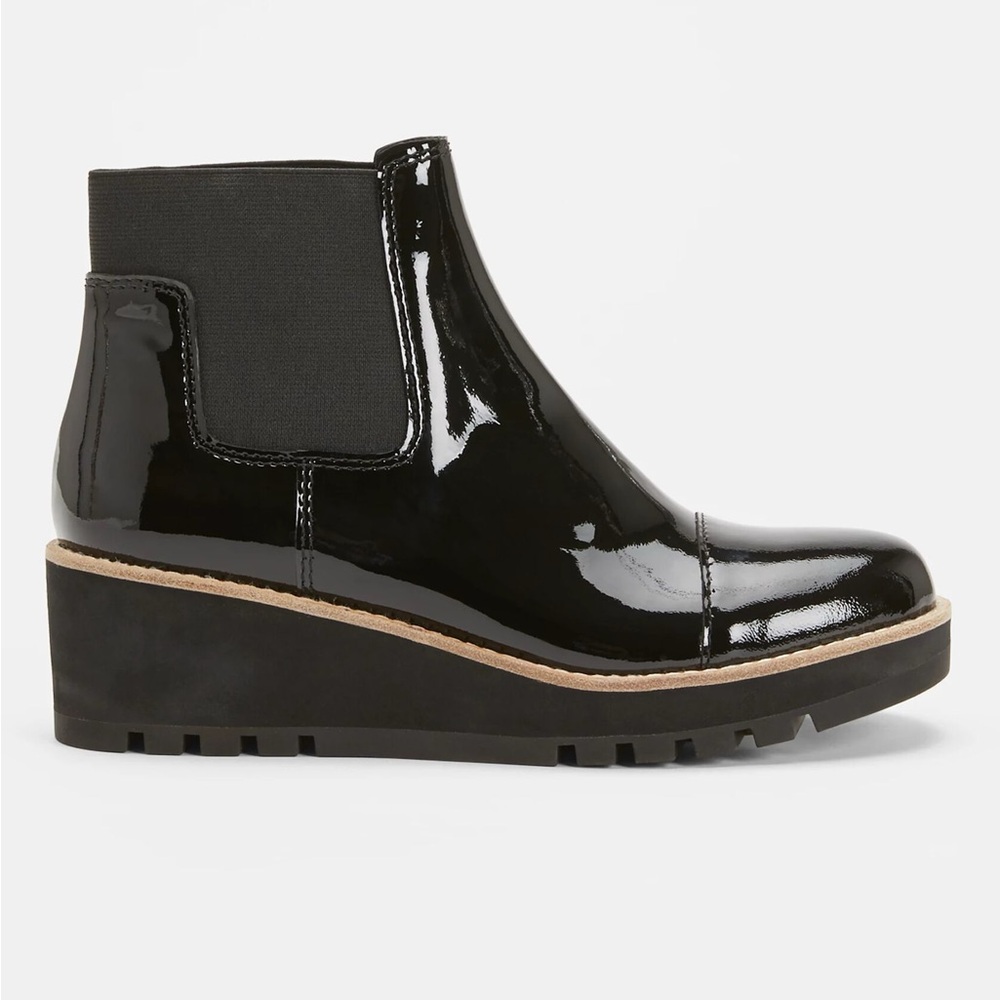 Eileen Fisher Black Patent Leather Wedge Chelsea Booties